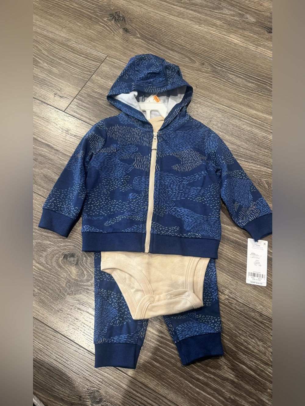 NWT Carter's Navy Blue Printed Hoodie & Pants Matching Set with Cream Bodysuit